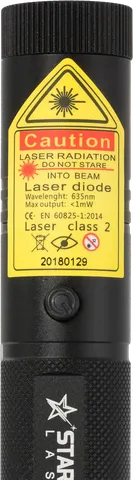 Pro red laserpointer SL-R1 – close-up of the warning label with the laser class